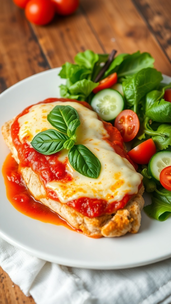 Healthy chicken parmesan with marinara sauce and mozzarella cheese, garnished with basil, served with a fresh salad.